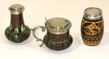Linthorpe pottery Dresser pepper mustard pots x3 silver plated good condition