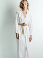 ZARA WHITE CUTWORK EMBROIDERY BUCKLE BELT MIDI SHIRT DRESS SIZE XL UK 14-16