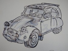 Original hand drawn classic car pen & ink drawing of a vintage Citroen 2CV Dolly