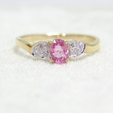 Pink Sapphire & Diamond 9ct Yellow Gold ring size N ~ 6 3/4