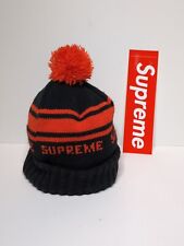 Supreme New York City Red Black Stripe Bobble Hat With Sticker