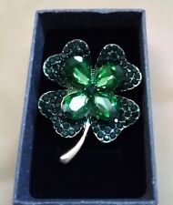 Beautiful Green Diamante Lucky Shamrock / Clover Brooch / Pin  With Gift Box 
