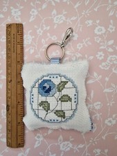 Handmade Cross Stitch Blue Flower Art Deco Mackintosh Keyring Teacher Gift 