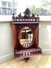 Antique Victorian Mahogany Hallway Bevelled Wall Mirror Carved Motif & Shelf