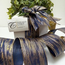 2025 Christmas Ribbon 5 Metres Wire Edged Navy Gold Garland Bows Craft 'Celeste'