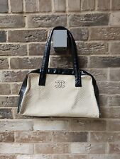 CHANEL Cocomark Quilted Bowling Bag | Beige Cloth Black Patent Leather