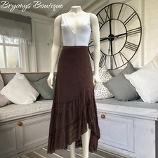 Per Una Brown 100% Cotton Crinkle Effect 39" Long Hitched Tiered Maxi Skirt 12