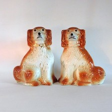 LARGE PAIR OF ANTIQUE STAFFORDSHIRE SPANIEL MANTLE DOGS 11.5" TALL - c1899