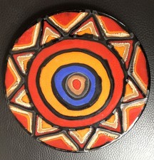 TERRACOTTA SIGNED RETRO COLOURFUL CIRCLE WALL HANGING PLAQUE TEAPOT STAND 7 1/2”