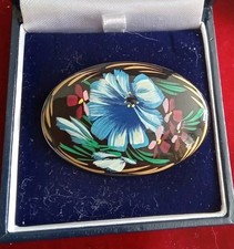 Vintage Jewellery Russian Lacquered Black Background Blue Flower Design Brooch 