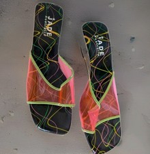 1980s Slide Shoes Jade Australia size 7 Neon Clear Heels Wedges Slides