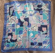 Vintage Liberty pure silk square scarf Hand Rolled Blue Pink Ivory Lilac 67cm