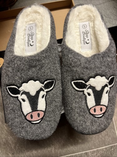 Grey cow slip slippers - slippers, faux