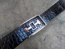 Vintage 70s Taner Belt 100% Leather Black Faux Snake Chrome Small Made In Spain