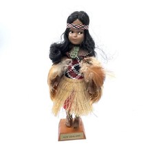 Vintage Maori Souvenir Doll 7” Tall In Traditional Feather Dress New Zealand