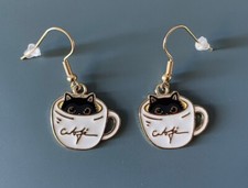 Lucky Black Cat Kitten In White Coffee Cup Dangle Earrings New In Protective Bag