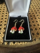 Gold Plated Hook Thru Earrings With Enamelled Toad Stool Charms