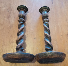 Pair Of Antique Oak wooden Barley Twist Spiral Candlesticks approx 11"