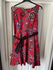 Beautiful Per Una Red Floral Cotton Midi Dress With Belt UK 22