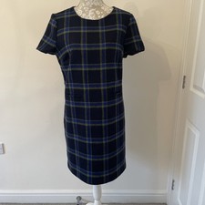Hobbs Moon Navy & Green Check Tartan Wool Riley Shift Dress Size 16