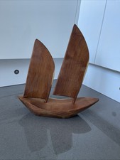 Vintage Hand Carved Wooden Sail Boat - 29cm Long 30cm High
