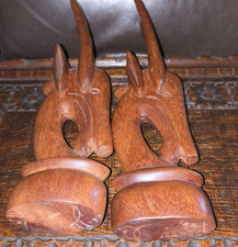 VINTAGE HAND CARVED WOODEN HARD WOOD AFRICAN ANTELOPE GAZELLE HEAD FIGURINE 