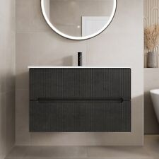 800mm Bathroom Cloakroom Vanity Unit Basin Sink Wall Hung Black Fluted Unit