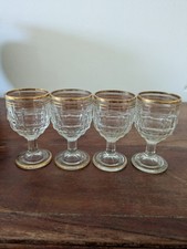 Vintage Jacobean Glass Sherry Goblets – Set of 4 – Gold Rimmed – Pressed Glass