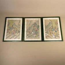 Set Of 3 Hand Painted Silk Japanese Paintings Picture Art Oriental Silk Antique