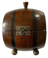 ANTIQUE Banded OAK Wooden KEG BARREL Hinged Lid with Clasp Cigarettes Cigar Tea