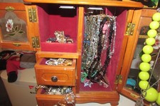 Vintage Musical Jewelry Box Dresser Cabinet full of costume jewellery