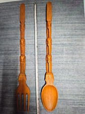 Wooden Fork & Spoon Set Wall Hanging Decor Elephants 26" Vintage Spoon,Exc Cond