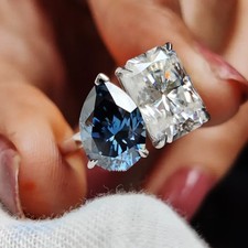 Toi Et Moi Blue Pear & Radiant Moissanite Engagement Ring 14K White Gold Plated
