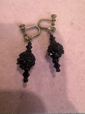 Antique Floral Carved Whitby Jet Mourning Screw On Earrings