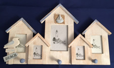 Beach Hut Photo Frames Wood Distressed Seaside 5x Picture Holders 3x hooks
