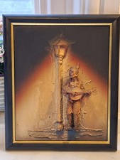 Vintage 3D Wall Relief Plaque Street Musician Under Lamppost Resin Frame 1970s