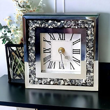 SERENA'S Square Crushed Diamante Mantle Clock Glass Mirrored Desk Table Clock