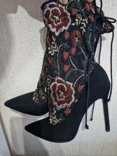Zara Black High Court Shoes With Embroidered Lace Sock Style Ankle Boots Size 37
