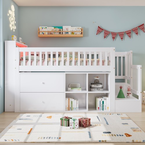 White wooden storage loft bed - storage,