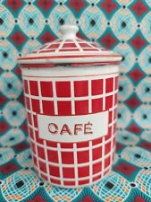 Vintage French Enamel Ware Canister Red White Café Shabby Chic Storage Jar Tin 