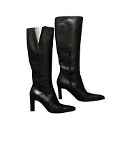 DI SANDRO Boots Knee High EU37 UK4 Black Leather Heels Silver Accent Zip Closure