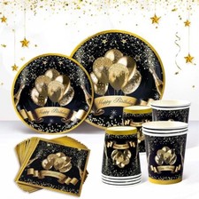 96Pc Black & Gold Birthday Party Tableware – Plates, Cups & Napkins