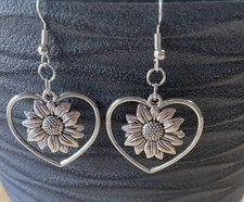 Sunflower In Hollow Heart Dangle Drop Earrings - Silver Plated