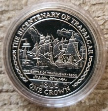 2005 1 Silver Crown 1805 Battle of Trafalgar Coin In Capsule Isle of Man