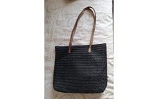 Women’s Black Woven Straw Tote Bag with Brown Straps – Summer Shoulder Handbag