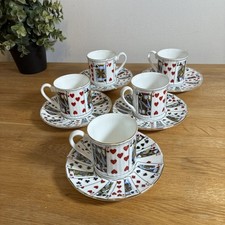 Queens “Cut For Coffee” Playing Card Fine Bone China Cups & Saucers x 5