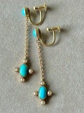 ANTIQUE VICTORIAN EDWARDIAN 15ct GOLD PERSIAN TURQUOISE SEED PEARL EARRINGS 2.2g