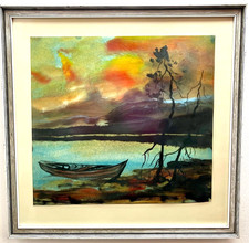 Vintage Watercolour Lake Boat