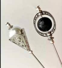 2x Beautiful Hat Pins Onyx Pearl Vintage Antique Tibetan Silver Style 5"