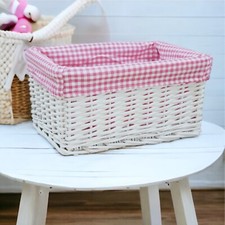 White Wicker Basket & PINK GINGHAM Liner - Nursery Storage Baby Gift Hamper 30cm